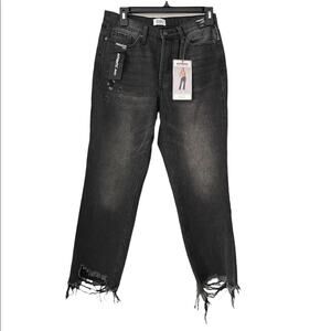 NWT Simple Society Denim Jeans Women 29 Distressed Hem Straight High Rise Black